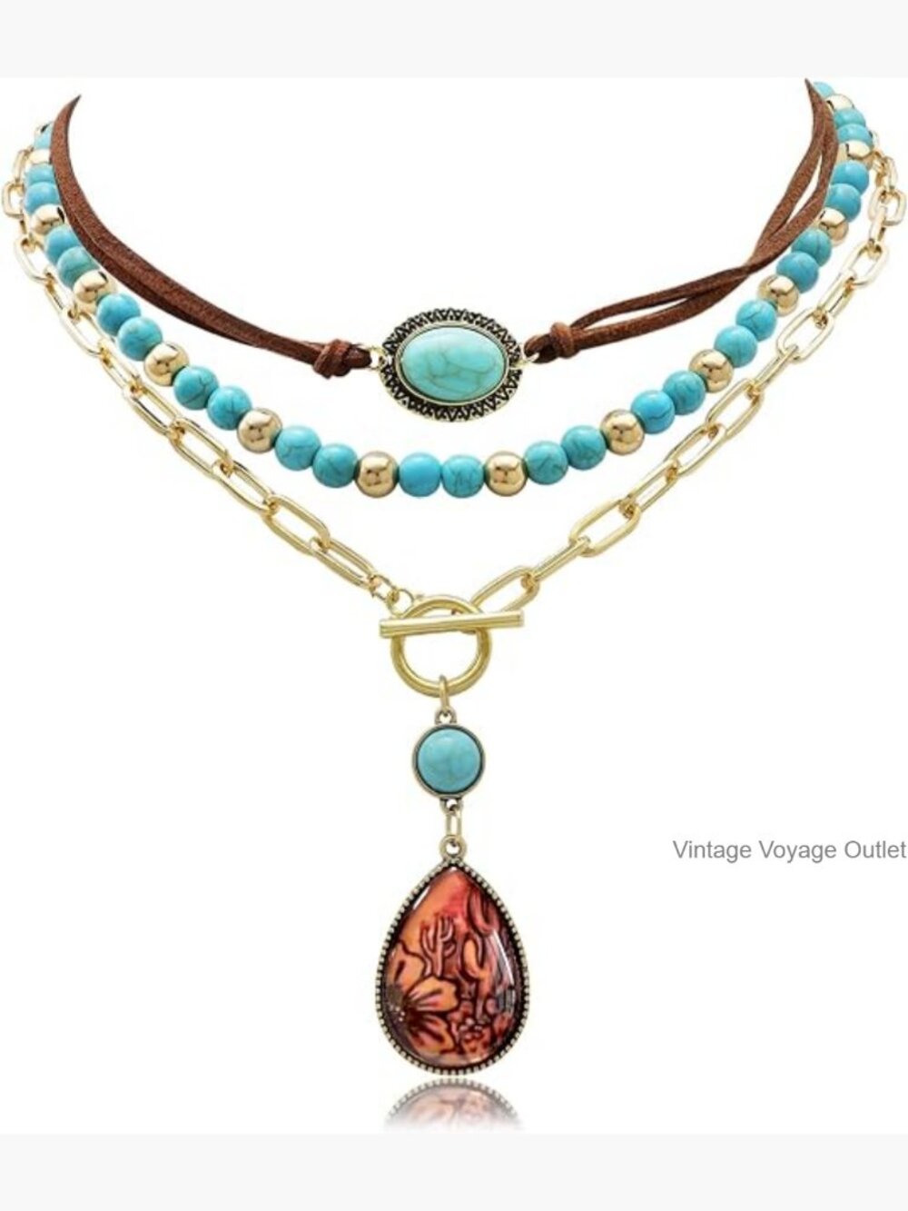 Layered Western Cowgirl Necklace Set Boho Turquoise Jewelry 3 Pcs